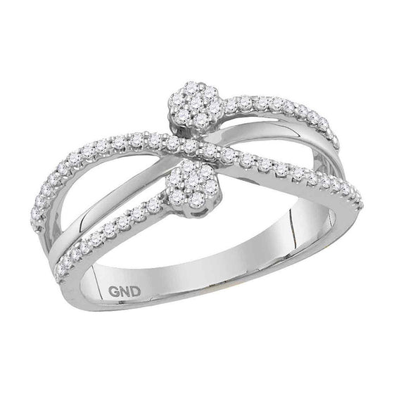 10k White Gold Womens Round Diamond Flower Cluster Crossover Band Ring 1/3 Cttw
