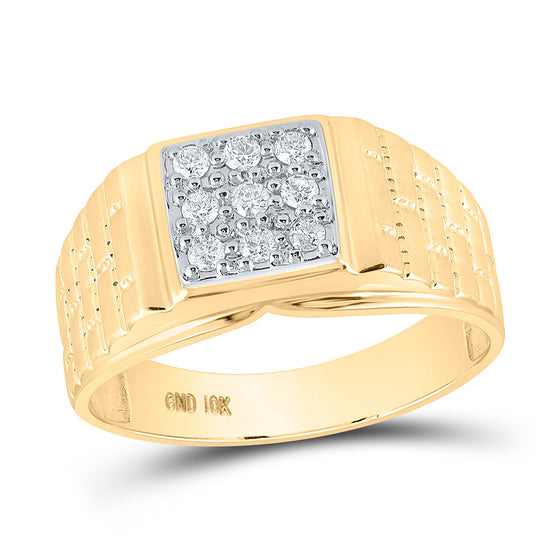 10k Yellow Gold Mens Round Diamond Brick Square Ring 1/4 Cttw