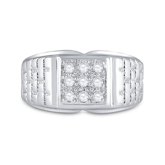 10k White Gold Mens Round Diamond Square Cluster Brick Ring 1/4 Cttw
