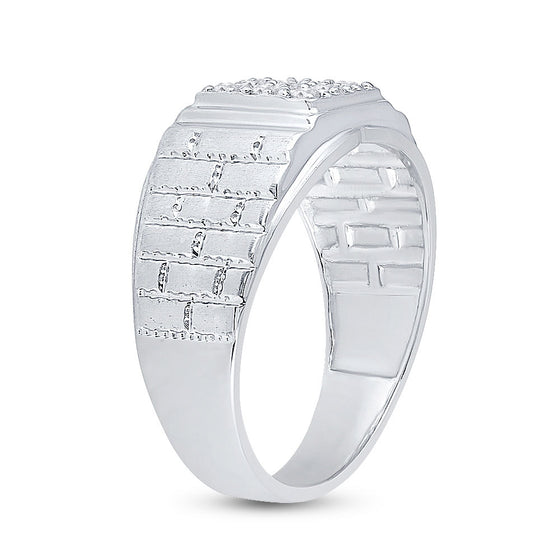10k White Gold Mens Round Diamond Square Cluster Brick Ring 1/4 Cttw
