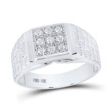  10k White Gold Mens Round Diamond Square Cluster Brick Ring 1/4 Cttw