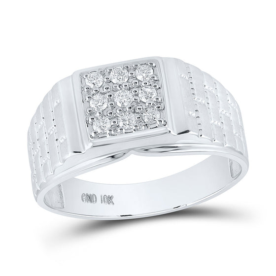 10k White Gold Mens Round Diamond Square Cluster Brick Ring 1/4 Cttw