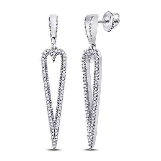 10k White Gold Womens Round Diamond Oblong Heart Dangle Earrings 1/3 Cttw