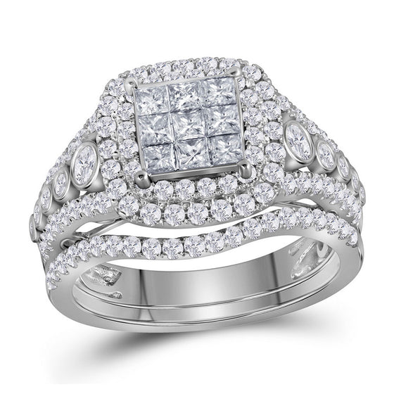 14k White Gold Princess Diamond Bridal Wedding Ring Band Set 1-1/2 Cttw