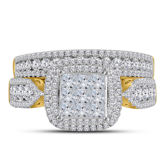 14k Yellow Gold Princess Diamond Bridal Wedding Ring Band Set 1-1/2 Cttw