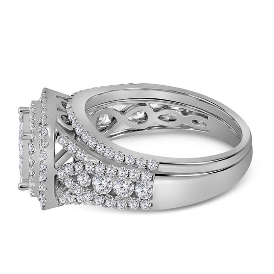 14k White Gold Princess Diamond Bridal Wedding Ring Band Set 1-1/2 Cttw
