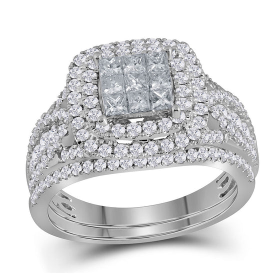 14k White Gold Princess Diamond Bridal Wedding Ring Band Set 1-1/2 Cttw