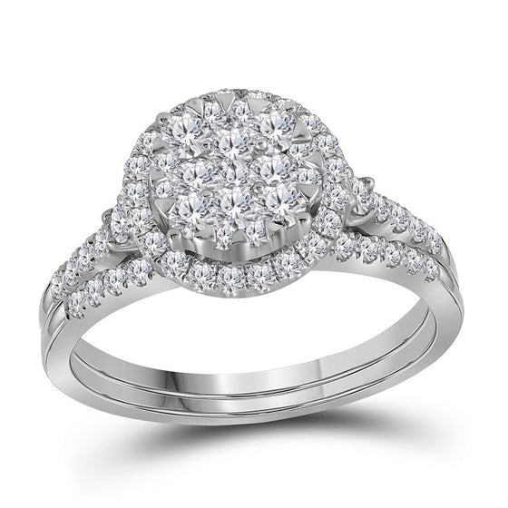 14k White Gold Round Diamond Cluster Halo Bridal Wedding Ring Band Set 1 Cttw