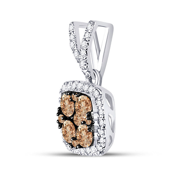 14k White Gold Womens Round Brown Diamond Square Cluster Pendant 1/2 Cttw