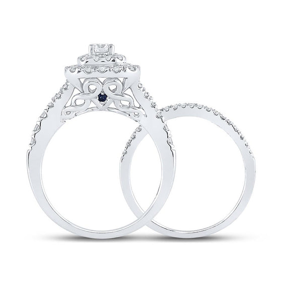 14k White Gold Round Diamond Halo Bridal Wedding Ring Band Set 1 Cttw