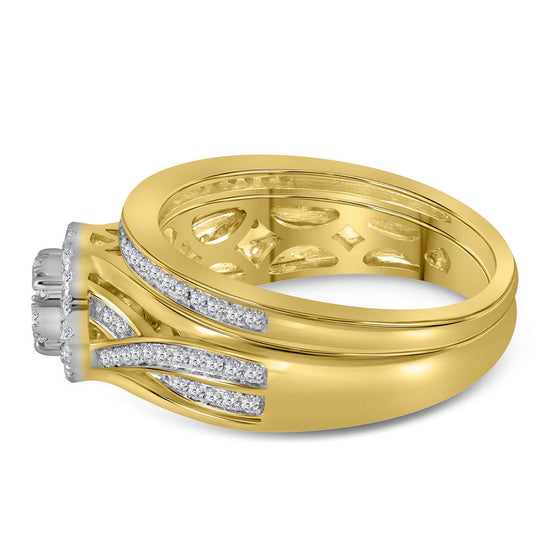 14k Yellow Gold Round Diamond Cluster Bridal Wedding Ring Band Set 1/2 Cttw