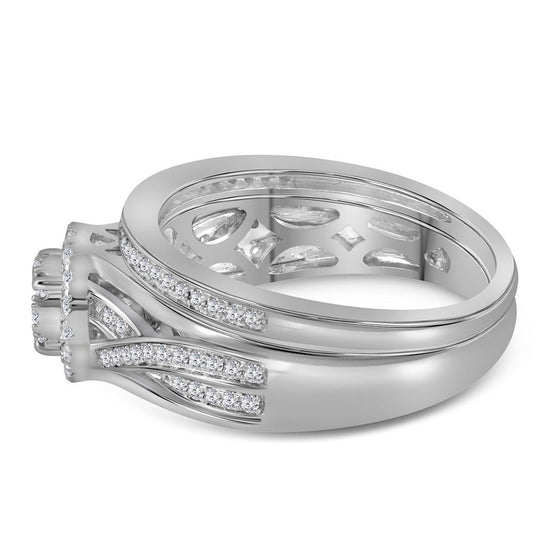 14k White Gold Round Diamond Cluster Bridal Wedding Ring Band Set 1/2 Cttw