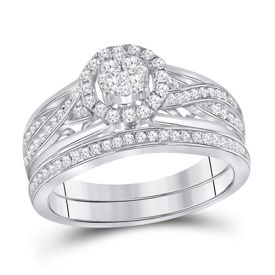 14k White Gold Round Diamond Cluster Bridal Wedding Ring Band Set 1/2 Cttw