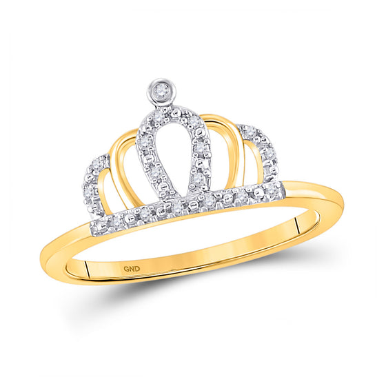 10k Yellow Gold Womens Round Diamond Crown Tiara Princess Band Ring 1/20 Cttw