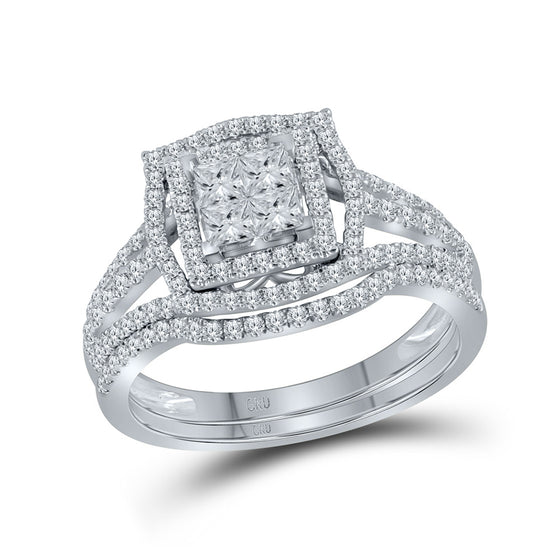 14k White Gold Princess Diamond Bridal Wedding Ring Band Set 1 Cttw