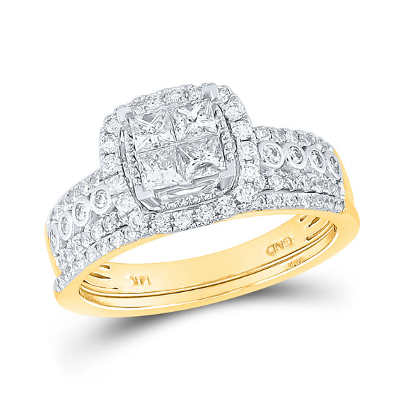 14k Yellow Gold Princess Diamond Halo Bridal Wedding Ring Band Set 1 Cttw