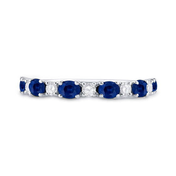 10k White Gold Womens Oval Blue Sapphire Diamond Alternating Band Ring 1-1/2 Cttw