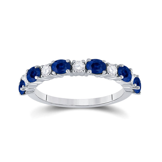10k White Gold Womens Oval Blue Sapphire Diamond Alternating Band Ring 1-1/2 Cttw