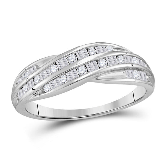 10k White Gold Womens Round Baguette Diamond Crossover Band Ring 1/3 Cttw