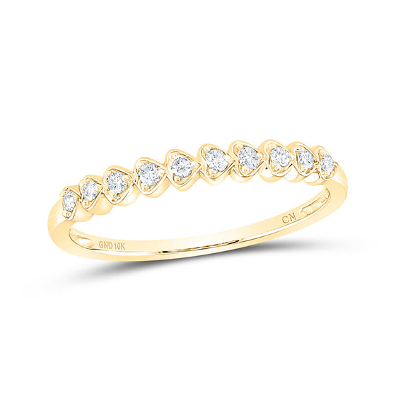10k Yellow Gold Womens Round Diamond Heart Stackable Band Ring 1/10 Cttw