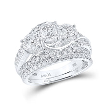  14k White Gold Round Diamond 3-Stone Bridal Wedding Ring Set 2 Cttw