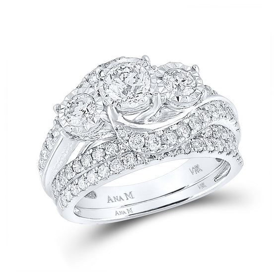 14k White Gold Round Diamond 3-Stone Bridal Wedding Ring Set 2 Cttw