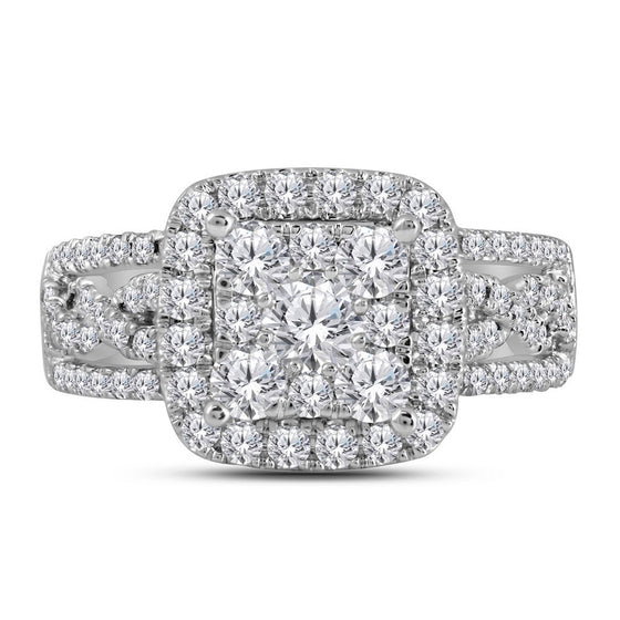 14k White Gold Round Diamond Cluster Bridal Wedding Engagement Ring 1-1/2 Cttw