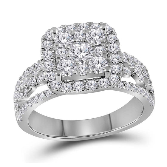 14k White Gold Round Diamond Cluster Bridal Wedding Engagement Ring 1-1/2 Cttw