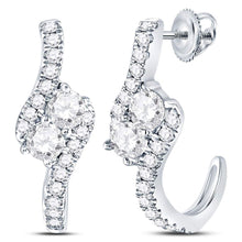  14k White Gold Womens Round Diamond J-Hoop 2-stone Earrings 1 Cttw