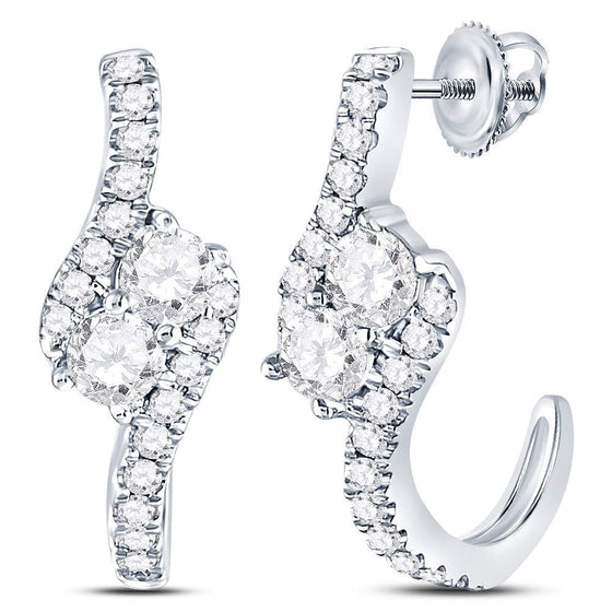 14k White Gold Womens Round Diamond J-Hoop 2-stone Earrings 1 Cttw