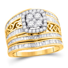  14k Yellow Gold Round Diamond Cluster Bridal Wedding Ring Band Set 1-1/2 Cttw
