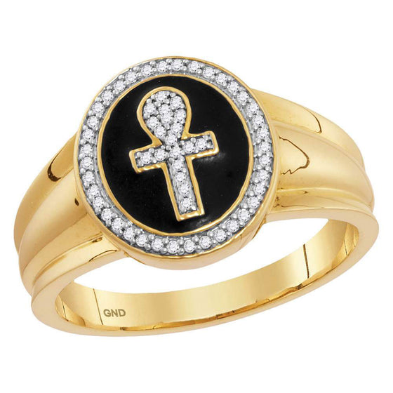 10k Yellow Gold Mens Round Diamond Ankh Cross Fashion Ring 1/6 Cttw