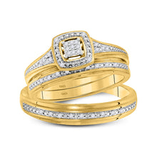  10k Yellow Gold His Hers Round Diamond Cluster Matching Wedding Set 1/10 Cttw