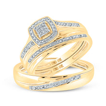  10k Yellow Gold His Hers Round Diamond Square Matching Wedding Set 1/12 Cttw