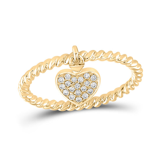 10k Yellow Gold Womens Round Diamond Heart Dangle Stackable Band Ring 1/10 Cttw