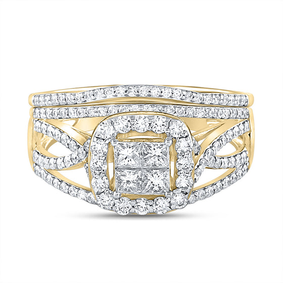 14k Yellow Gold Princess Diamond Square Halo Bridal Wedding Ring Band Set 1 Cttw