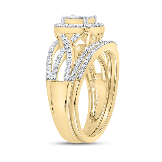 14k Yellow Gold Princess Diamond Square Halo Bridal Wedding Ring Band Set 1 Cttw