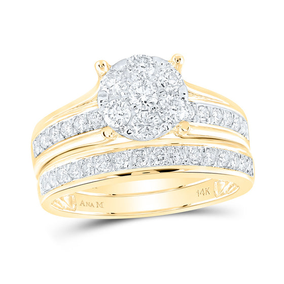 14k Yellow Gold Round Diamond Cluster Bridal Wedding Ring Band Set 1 Cttw