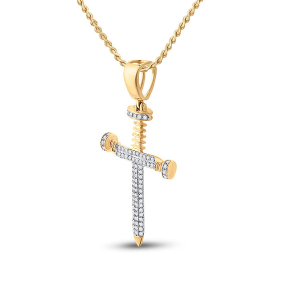 10k Yellow Gold Mens Round Diamond Nail Cross Charm Pendant 3/8 Cttw