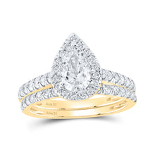  14k Yellow Gold Pear Diamond Halo Bridal Wedding Ring Band Set 1-1/2 Cttw