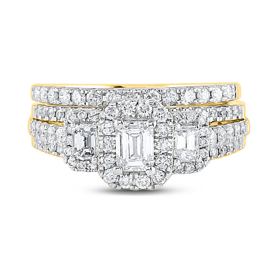 14k Yellow Gold Emerald Diamond 3-Stone Bridal Wedding Ring Band Set 1-1/2 Cttw