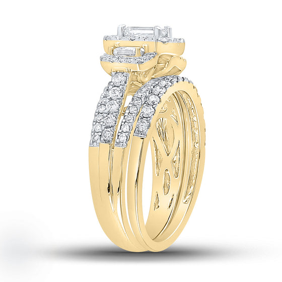 14k Yellow Gold Emerald Diamond 3-Stone Bridal Wedding Ring Band Set 1-1/2 Cttw