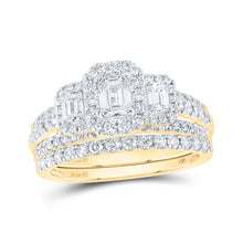  14k Yellow Gold Emerald Diamond 3-Stone Bridal Wedding Ring Band Set 1-1/2 Cttw