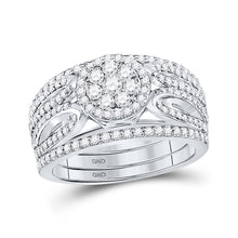  14k White Gold Round Diamond Cluster Bridal Wedding Ring Band Set 1 Cttw