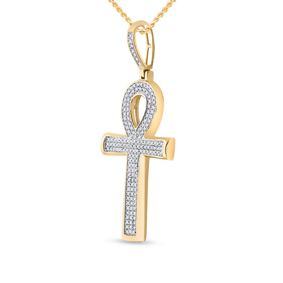 10k Yellow Gold Mens Round Diamond Ankh Cross Charm Pendant 1/3 Cttw