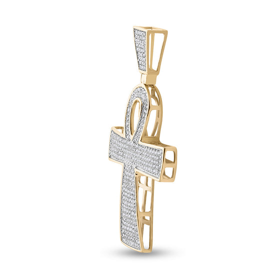 10k Yellow Gold Mens Round Diamond Ankh Cross Religious Charm Pendant 3/4 Cttw