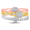 10k Tri-Tone Gold Womens Round Diamond 3-Piece Stackable Band Ring Set 1/6 Cttw