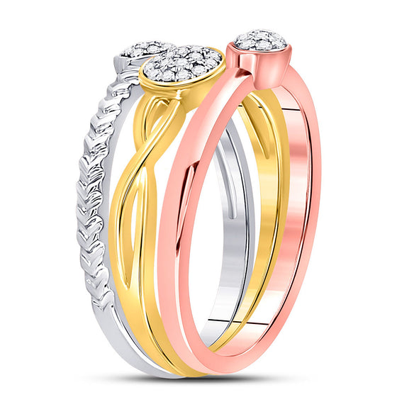 10k Tri-Tone Gold Womens Round Diamond 3-Piece Stackable Band Ring Set 1/6 Cttw