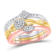  10k Tri-Tone Gold Womens Round Diamond 3-Piece Stackable Band Ring Set 1/6 Cttw