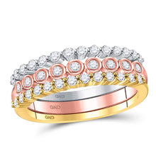  10k Tri-Tone Gold Womens Round Diamond 3-Piece Stackable Band Ring Set 1/2 Cttw